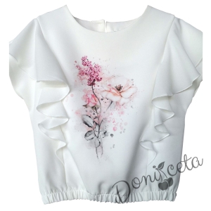 Официална детска блузка с къс ръкав тип прилеп, къдрички и нежни цветя в цвят екрю 9898745