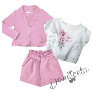 Официален детски комплект от 3 части - сако и къси панталонки в розово и блузка с къс ръкав тип прилеп, къдрички и нежни цветя в екрю 1