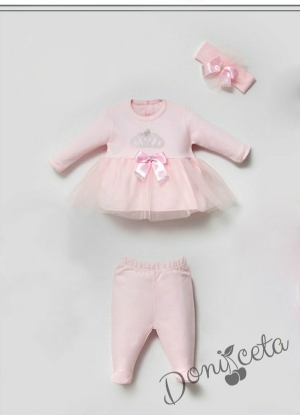 Бебешки комплект за момиче от ританки, рокля с тюл и лента за глава в розово 4548975 3