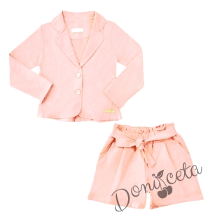 Детски комплект за момиче от къси панталонки и сако в бледо розово 1