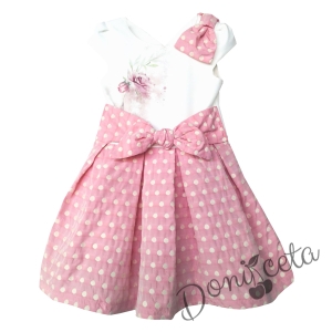 Официална детска рокля в бяло и розово на точки