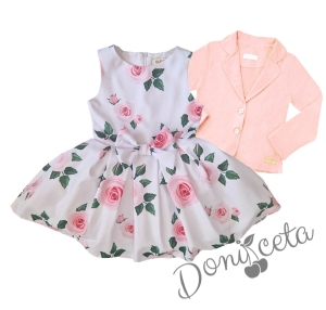 Официална детска рокля без ръкав в бяло с рози и сако в бледо розово