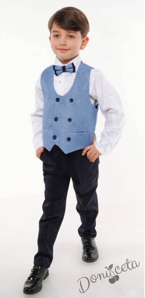 Официален костюм за момче от елек в светлоиньо, риза в бяло, панталон и папийонка 45655448 1