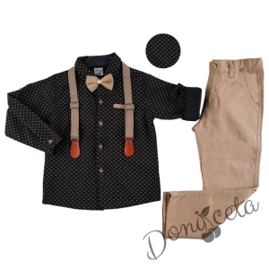 Детски комплект от панталон в бежово, риза в черно на точки, тиранти и папийонка в бежово 35146486 1