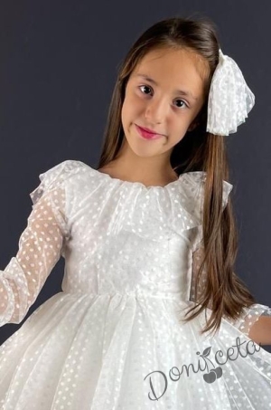 Официална детска рокля на точки в бяло, с ръкав 7/8 с чантичка и панделка 2