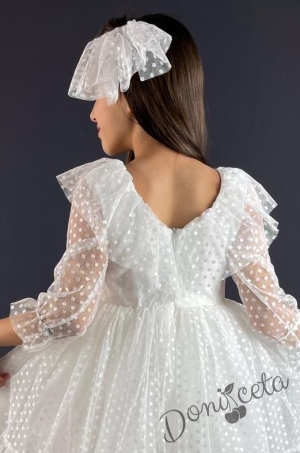 Официална детска рокля на точки в бяло, с ръкав 7/8 с чантичка и панделка 5