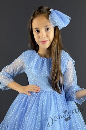 Официална детска рокля на точки в синьо, с ръкав 7/8 с чантичка и панделка 2