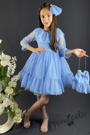 Официална детска рокля на точки в синьо, с ръкав 7/8 с чантичка и панделка 3