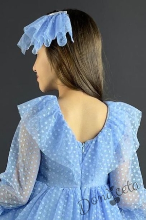 Официална детска рокля на точки в синьо, с ръкав 7/8 с чантичка и панделка 4