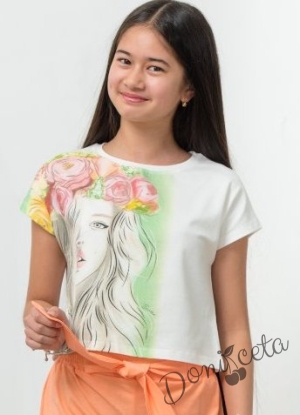 Летен комплект за момиче от къси панталони в прасковено и тениска в екрю с момиче и цветя 45464748 3