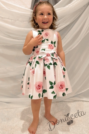 Официална детска рокля Маги без ръкав с рози в екрю
