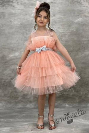 Официална детска рокля без ръкав Фрея - с богат тюл в прасковено и панделка за коса 3