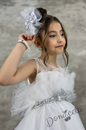Официална детска рокля без ръкав Фрея - с богат тюл в бяло и панделка за коса 1