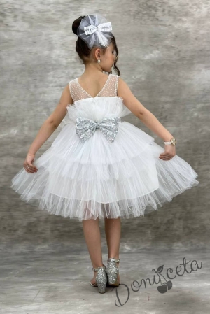 Официална детска рокля без ръкав Фрея - с богат тюл в бяло и панделка за коса 2