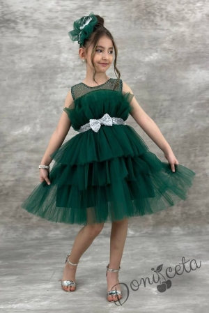 Официална детска рокля без ръкав Фрея - с богат тюл в тъмно зелено и панделка за коса 1