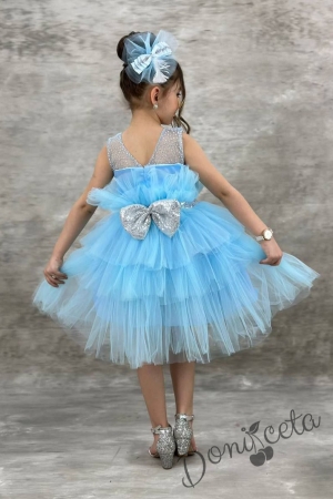 Официална детска рокля Фрея - без ръкав с богат тюл в светлосиньо и панделка за коса 3