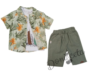 Комплект за момче от 3 части - ризка в светло зелено и цветя с тениска в бяло и щампа лодки и къси панталонки в светло зелено 1