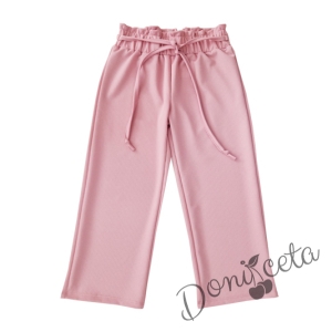 Детски дълъг панталон за момиче в цвят розово с висока талия и тънко коланче 34568213