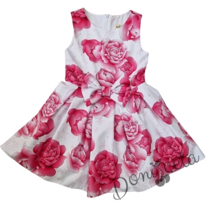 Официална детска рокля в бяло без ръкав с цикламени рози и панделка Маги 55226744 1