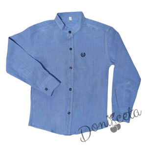 Комплект от риза с къс или дълъг ръкав в светлосиньо и къси панталонки в бяло от лен 3