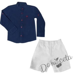 Комплект от риза с къс или дълъг ръкав в тъмно синьо и къси панталонки в бяло от лен 5288484 1
