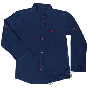 Комплект от риза с къс или дълъг ръкав в тъмно синьо и къси панталонки в бяло от лен 5288484 2