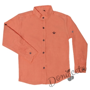 Комплект от риза с къс или дълъг ръкав в оранжево и къси панталонки в бяло от лен 5285656 2