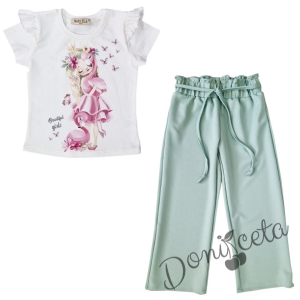Детски комплект от тениска с фламинго в бяло и  панталони в тюркоаз с тънко коланче 68944587 1