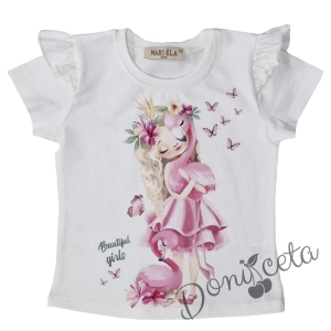 Детски комплект от тениска с фламинго в бяло и  панталони в тюркоаз с тънко коланче 68944587 3
