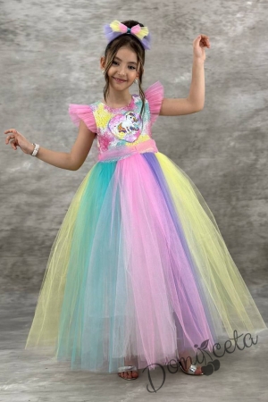 Детска дълга рокля с Пони/Еднорог с пайети и многоцветен тюл и панделка за коса 6640958