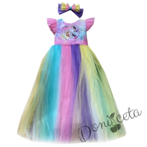 Детска дълга рокля с Пони/Еднорог с пайети и многоцветен тюл и панделка за коса 6640958 2