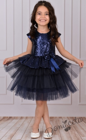 Официална детска рокля в тъмносиньо от пайети и тюл на пластове Валериа 1