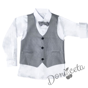 Официален костюм за момче от елек в сиво, риза в бяло, панталон и папийонка в сиво 45677854 4