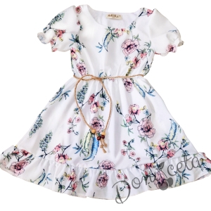 Официална детска рокля в бяло с къс ръкав на цветя с коланче 3447458