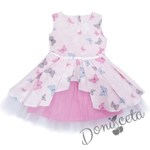 Комплект от официална детска рокля с пеперуди Надежда с тюл и болеро в розово 3