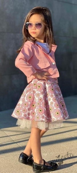 Детски комплект от 3 части от пола и късо сако с джобчета в прасковено и блузка с къс ръкав 4451239 2