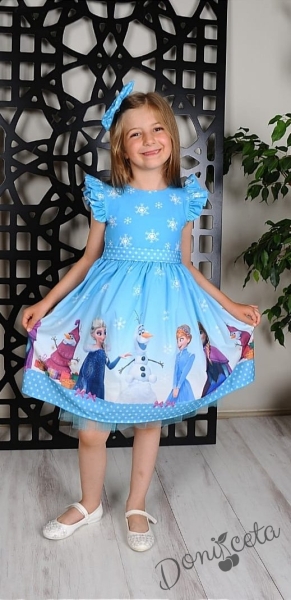 Официална детска рокля с къс ръкав с Елза в светлосиньо с панделка за коса 854456 1