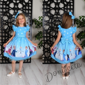 Официална детска рокля с къс ръкав с Елза в светлосиньо с панделка за коса 854456 3