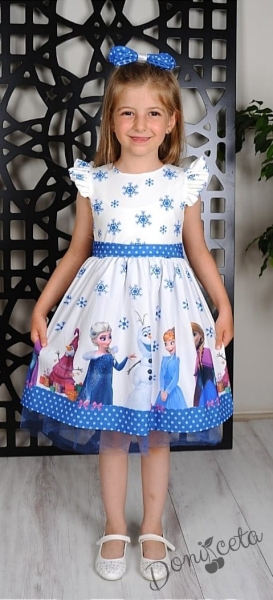 Официална детска рокля с къс ръкав с Елза в бяло и синьо с панделка за коса 8533698 1