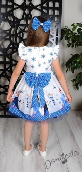 Официална детска рокля с къс ръкав с Елза в бяло и синьо с панделка за коса 8533698 2