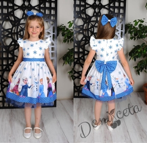 Официална детска рокля с къс ръкав с Елза в бяло и синьо с панделка за коса 8533698 3