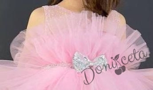 Официална детска рокля без ръкав Фрея - с богат тюл в розово и панделка за коса 3
