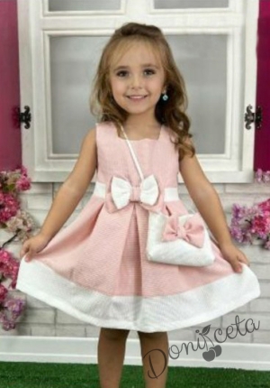 Официална или ежедневна детска рокля  в розово с панделка в розово и чантичка в бяло с розова панделка 1