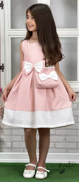 Официална или ежедневна детска рокля  в розово с панделка в розово и чантичка в бяло с розова панделка 2