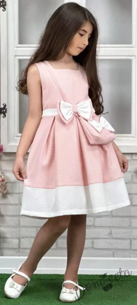 Официална или ежедневна детска рокля  в розово с панделка в розово и чантичка в бяло с розова панделка 3