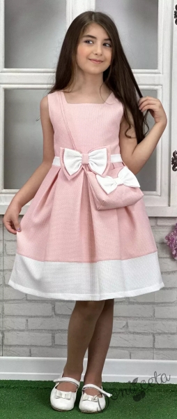 Официална или ежедневна детска рокля  в розово с панделка в розово и чантичка в бяло с розова панделка 4