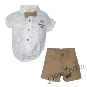 Бебешки комплект от къси панталонки в бежово, боди-риза в бяло с черни точки и папийонка 75844465