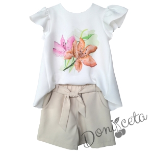 Летен комплект за момиче от бежови къси панталони с коланче и туника с цветя Лилиуми 3568554