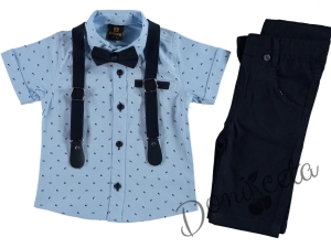 Детски комплект от панталон в тъмносиньо, риза в синьо с орнаменти, тиранти и папийонка в тъмносиньо 35111369 1