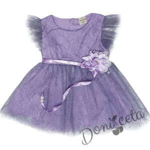 Официална детска рокля Естер - с дантела и тюл в лилаво с коланче от сатен и цвете 4355587 1